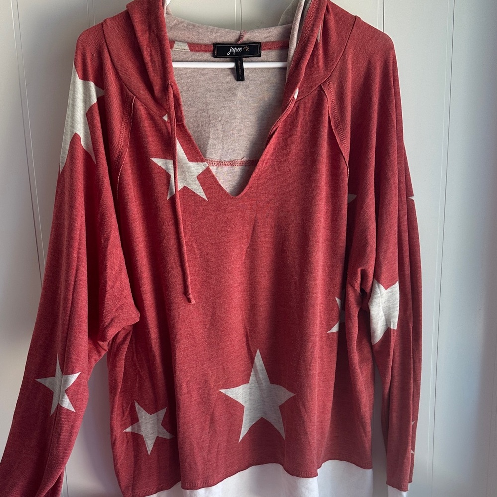 Oversized Red and White Star Long Sleeve Hoodie